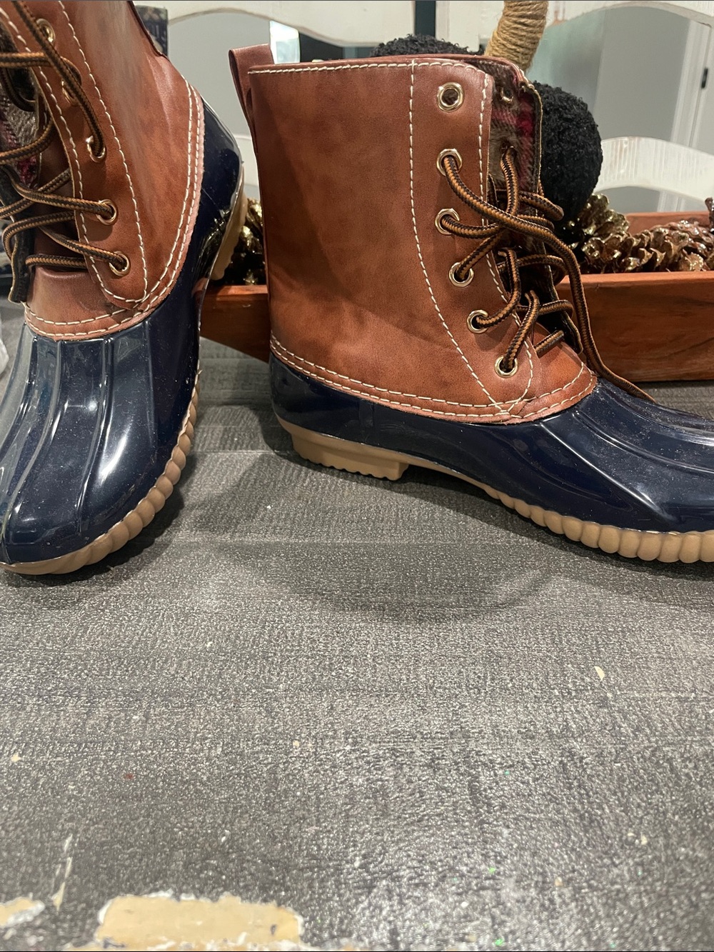 Women’s Two-Tone Duck Boots in Brown and Navy
